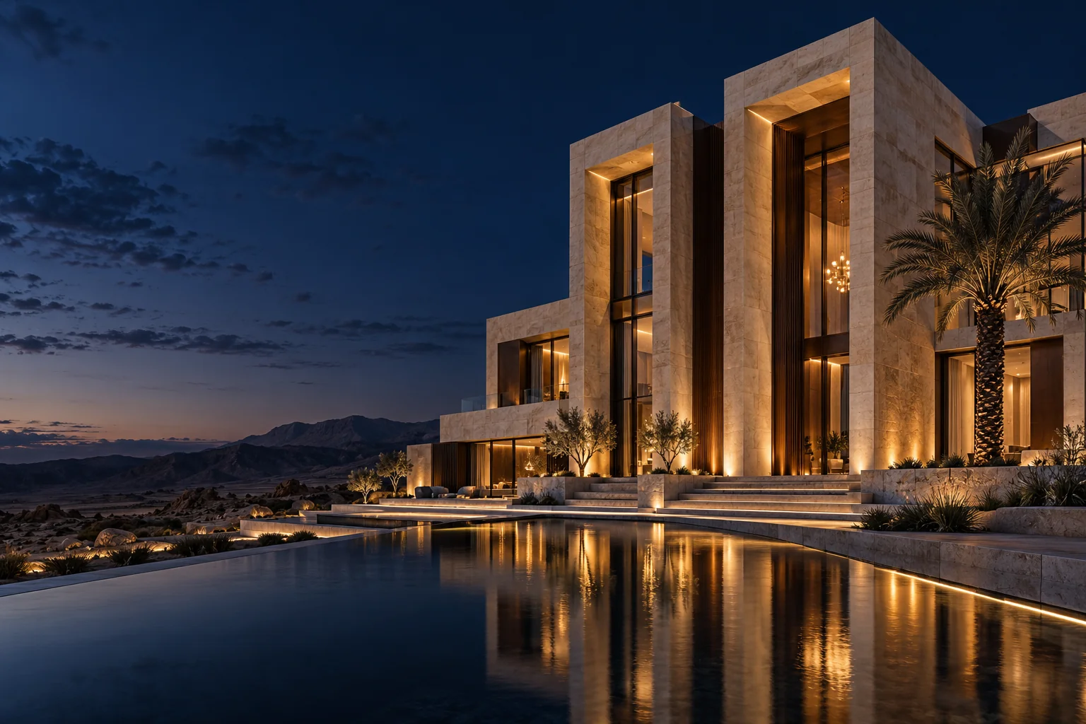 NOOR: an illuminated residence at blue hour
